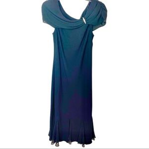 Gorgeous lbd cocktail midi dress with chiffon neckline and hem.